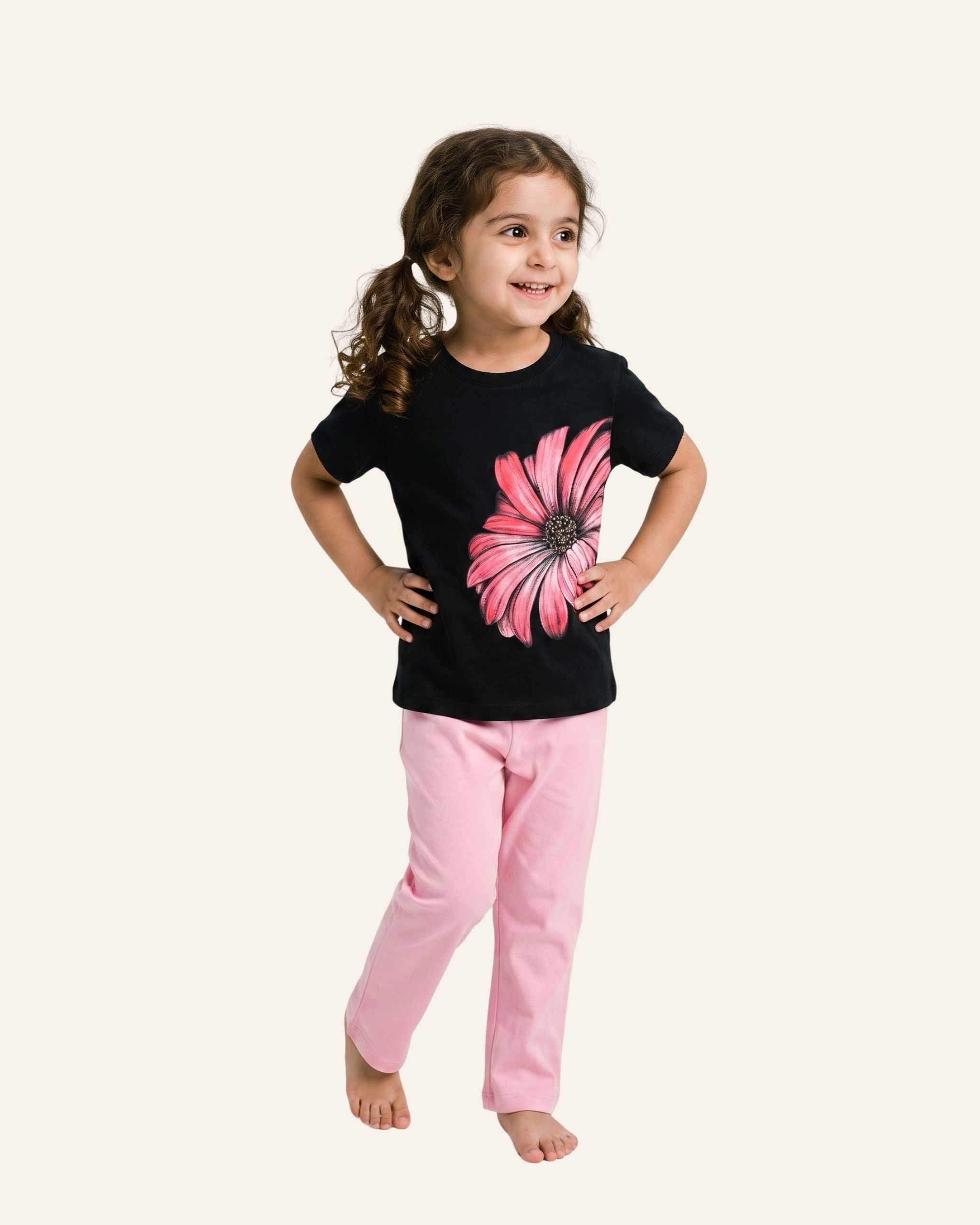 Girls Hibiscus Bloom Trouser Set — Black