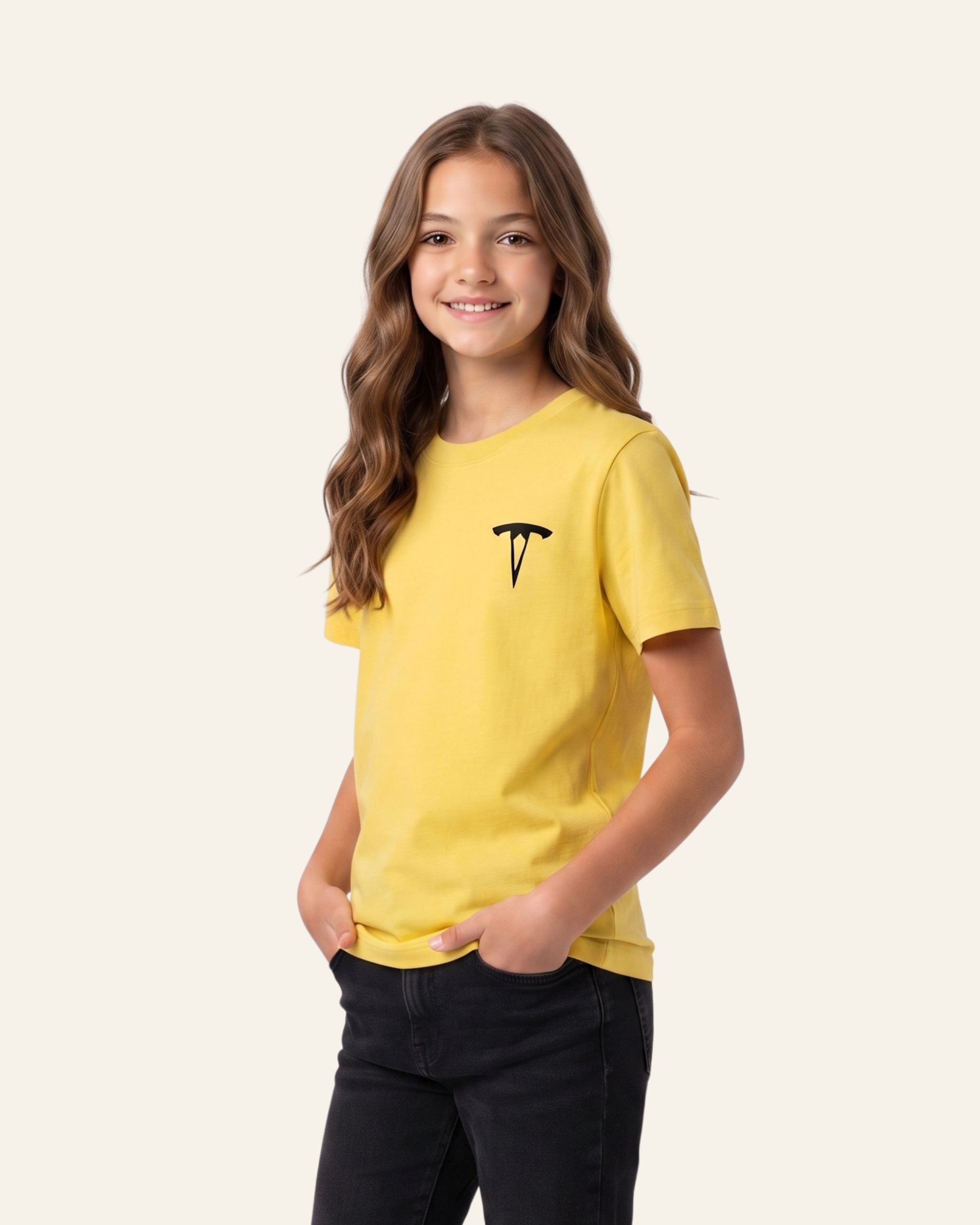 Girl wearing a yellow OUTCAST basic tee