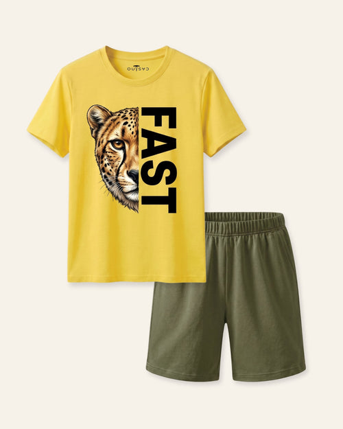 Boys yellow short set with speedy cheetah graphic, ages 3-14
