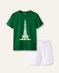 Kids green tee with a white Minar-e-Pakistan line print and white shorts