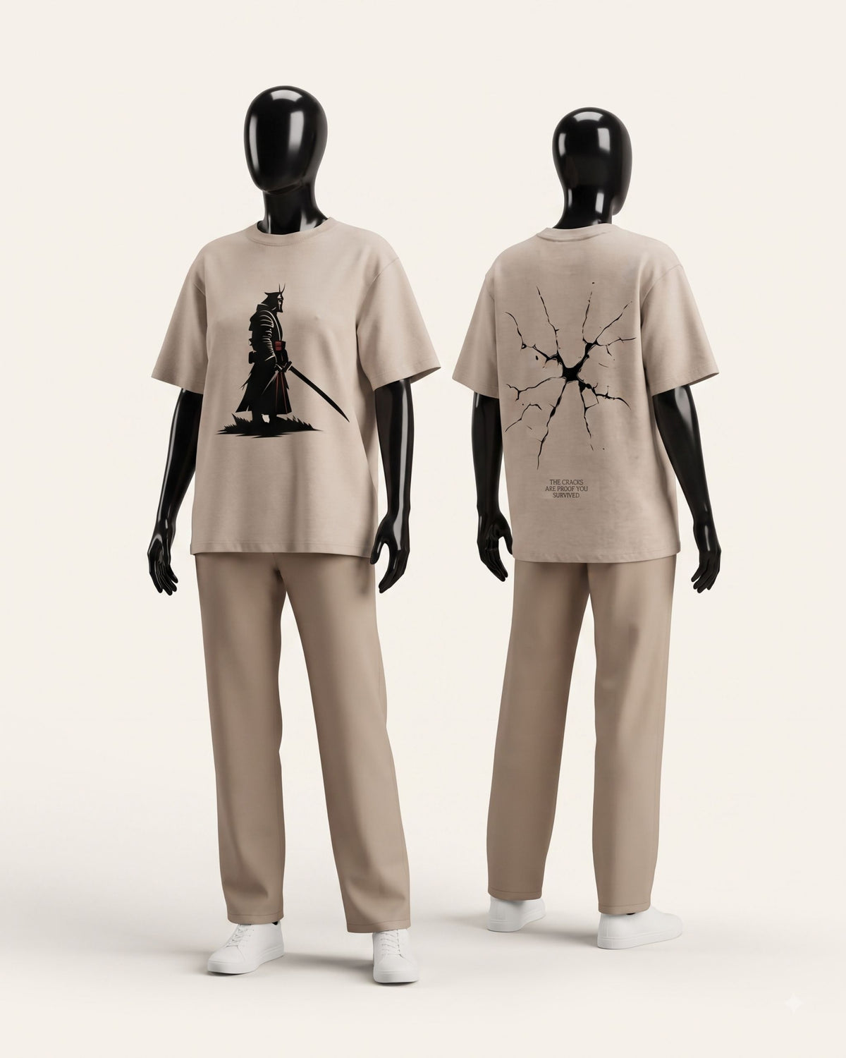 Sand cotton tee shown from the front and the back, both printed