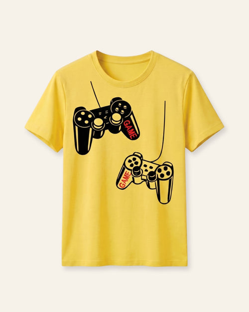 Boys yellow tee with twin game controllers printed bold across the front — for the little gamer, ages 3-14