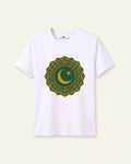 Kids white tee with a dense green mandala and crescent print