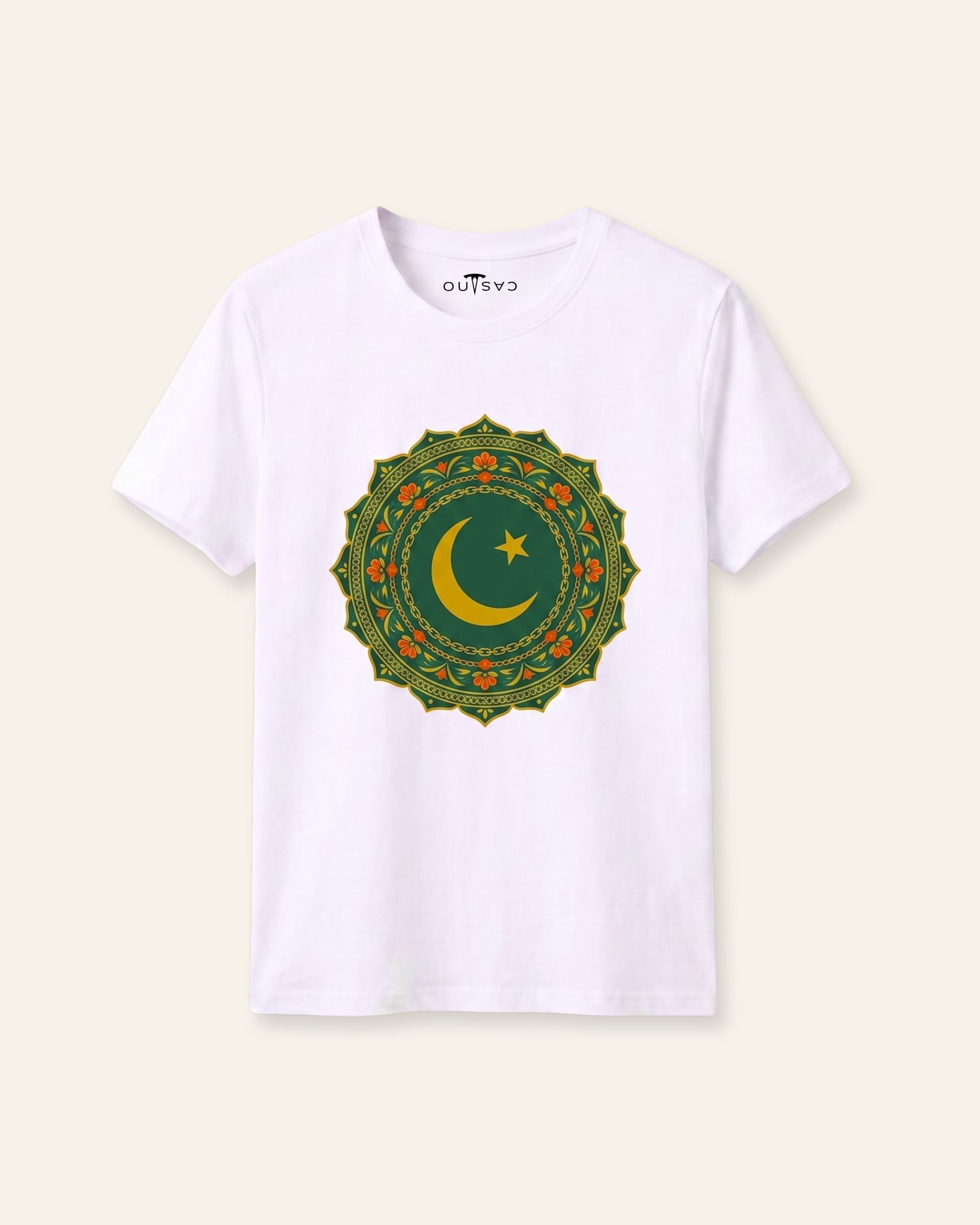 Kids white tee with a dense green mandala and crescent print