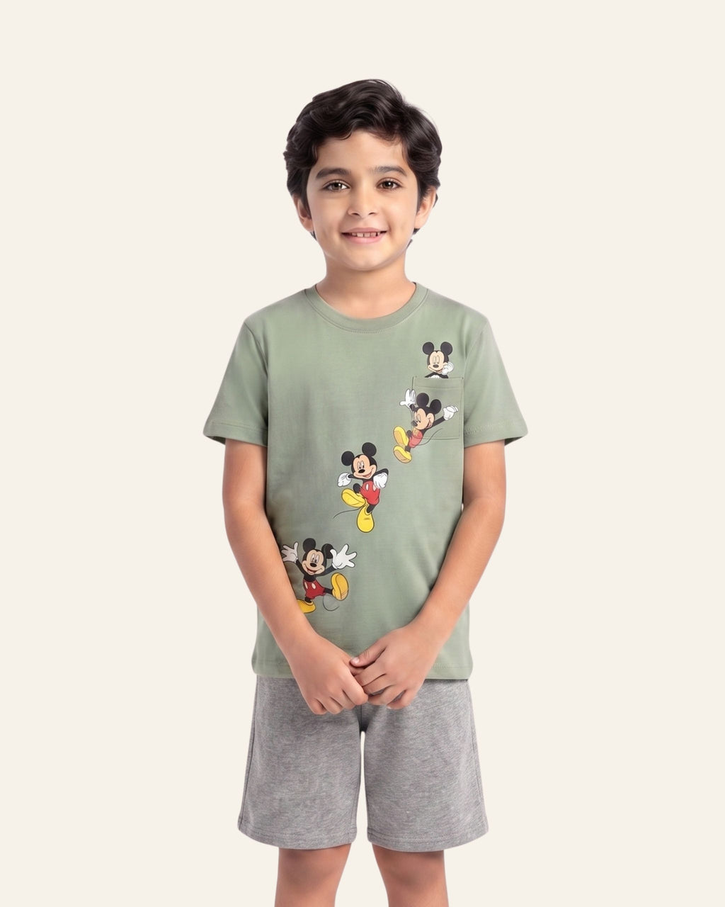 Boys Cartoon Mouse Shorts Set — Sage