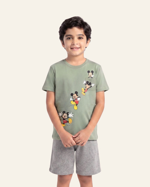 Boys Cartoon Mouse Shorts Set — Sage