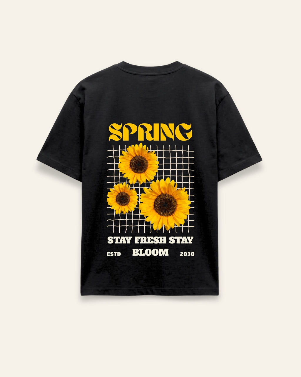 Back of the women's black sunflower tee with full graphic panel