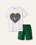 Kids white tee with a truck art heart print and green shorts
