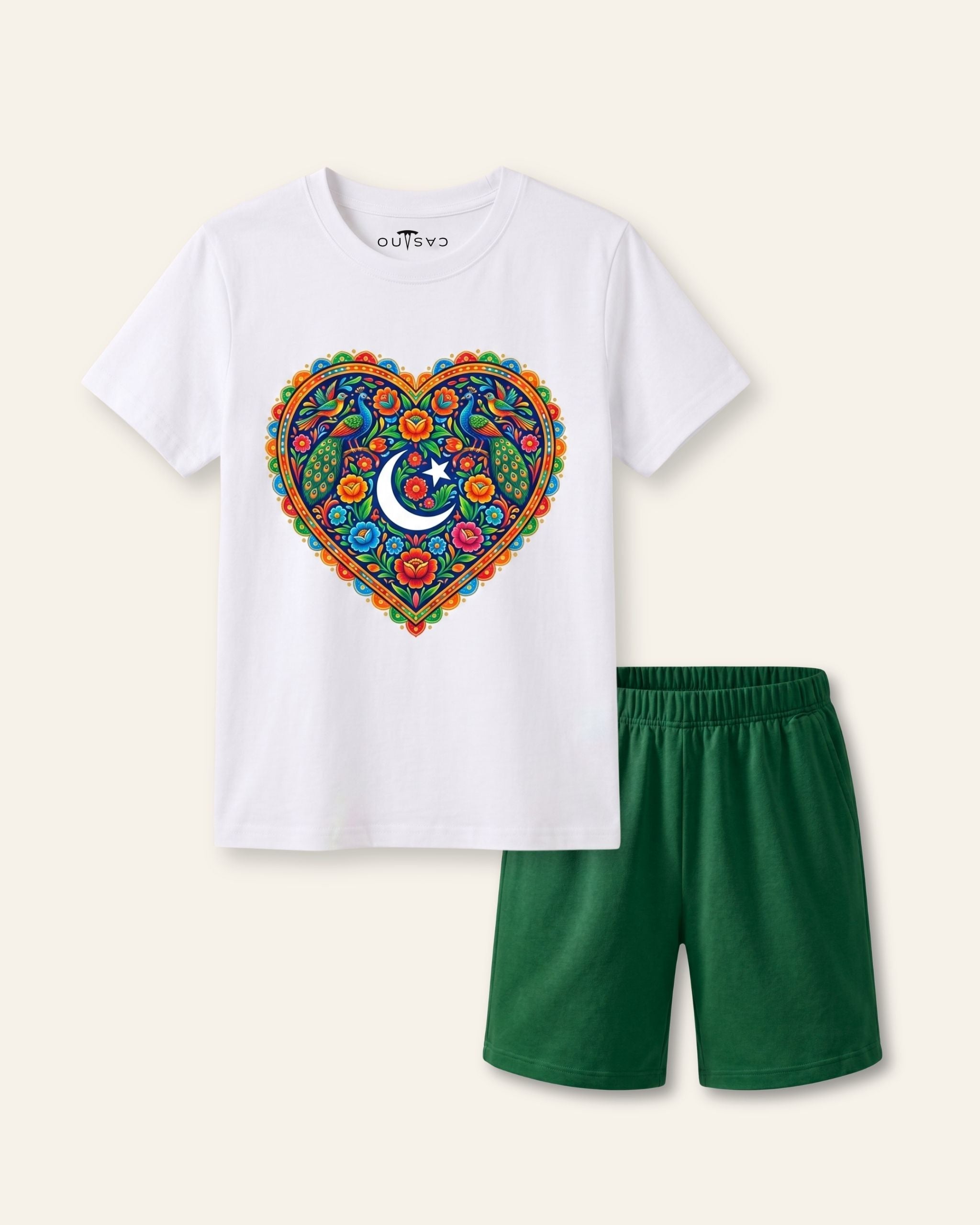 Kids white tee with a truck art heart print and green shorts