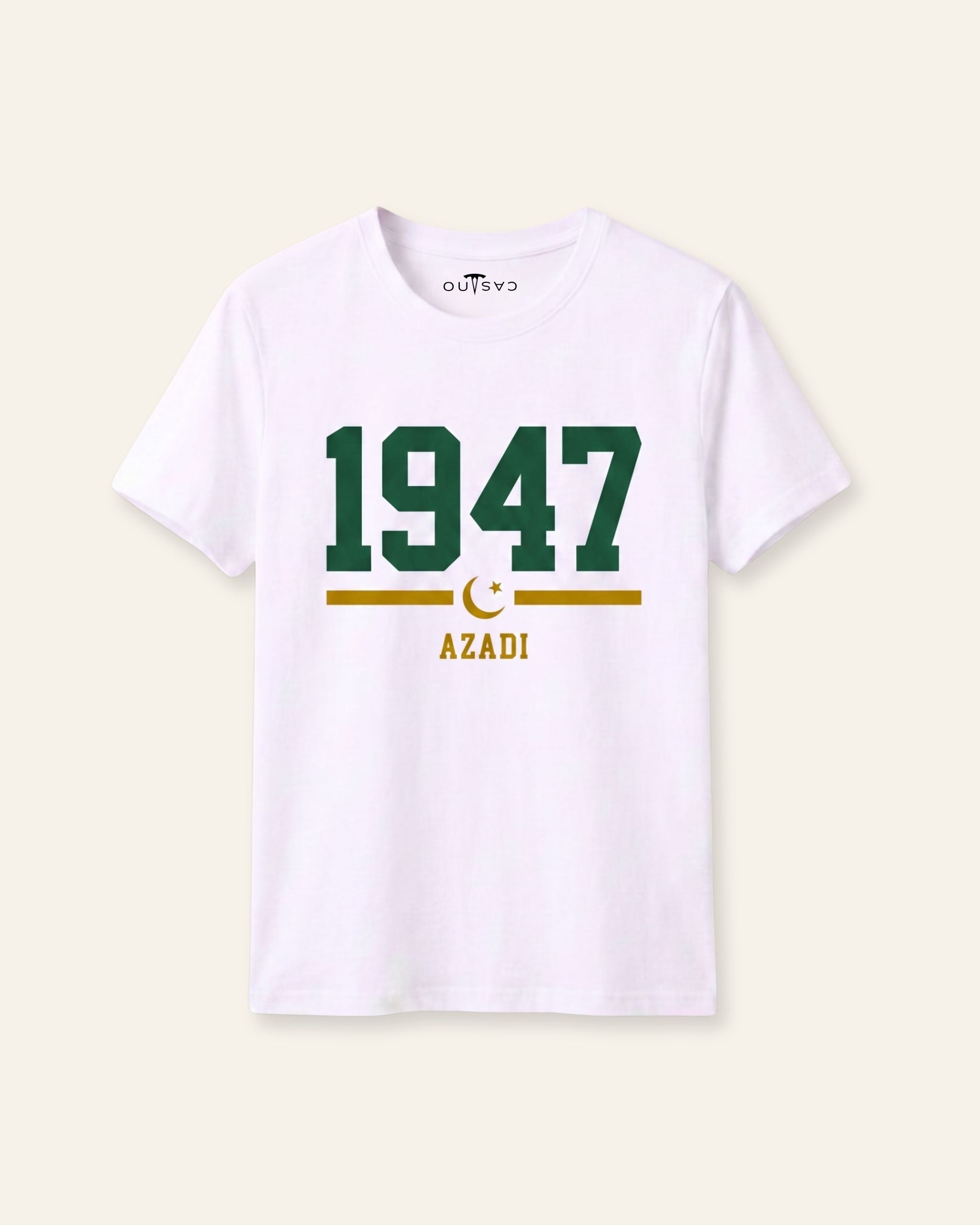 Kids white tee with 1947 in varsity numerals and the word Azadi