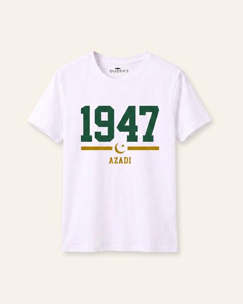 Kids white tee with 1947 in varsity numerals and the word Azadi