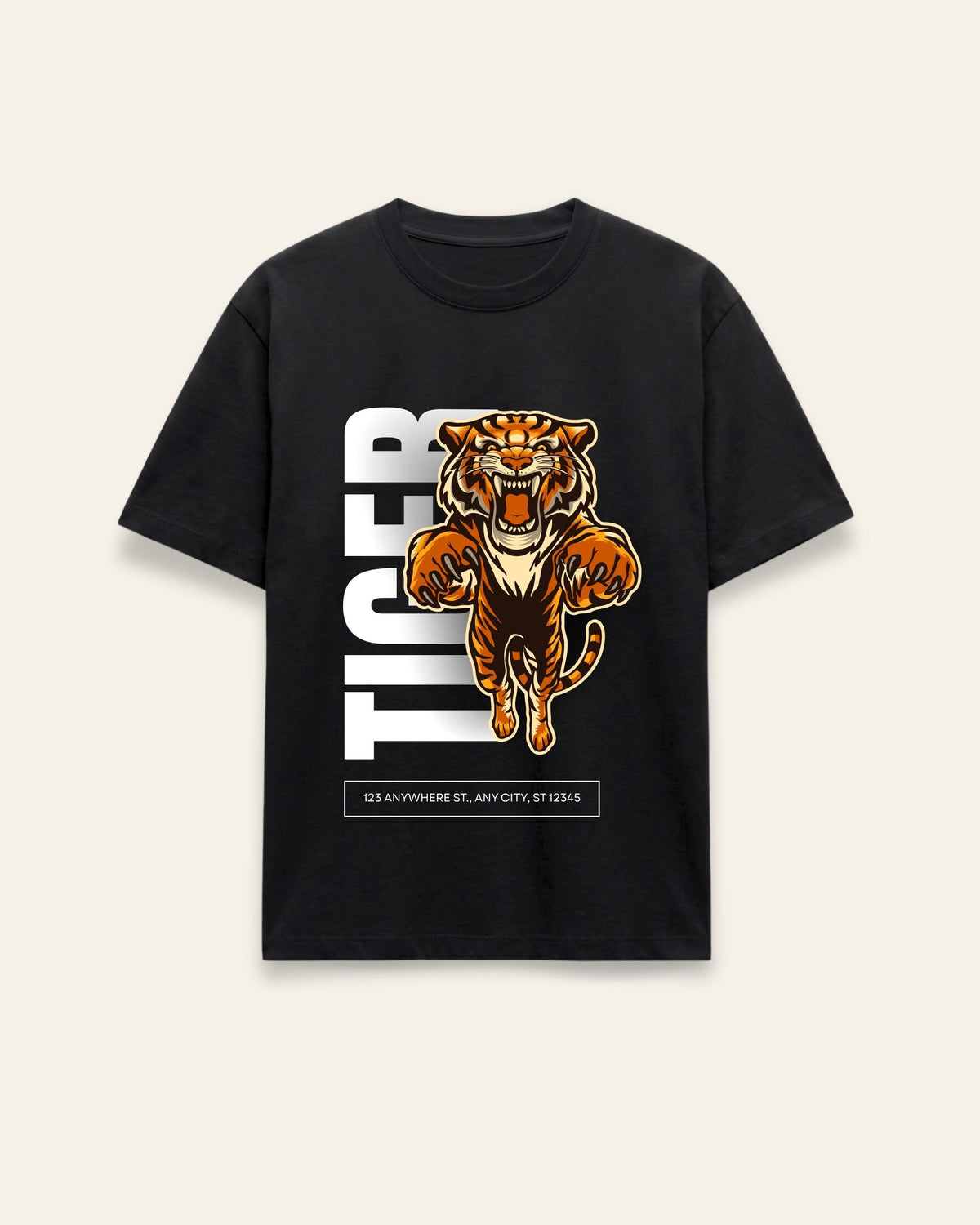 Front of the black cotton tee with a snarling tiger breaking through a tall TIGER wordmark