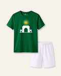 Kids green tee with a white gateway under a gold crescent and white shorts