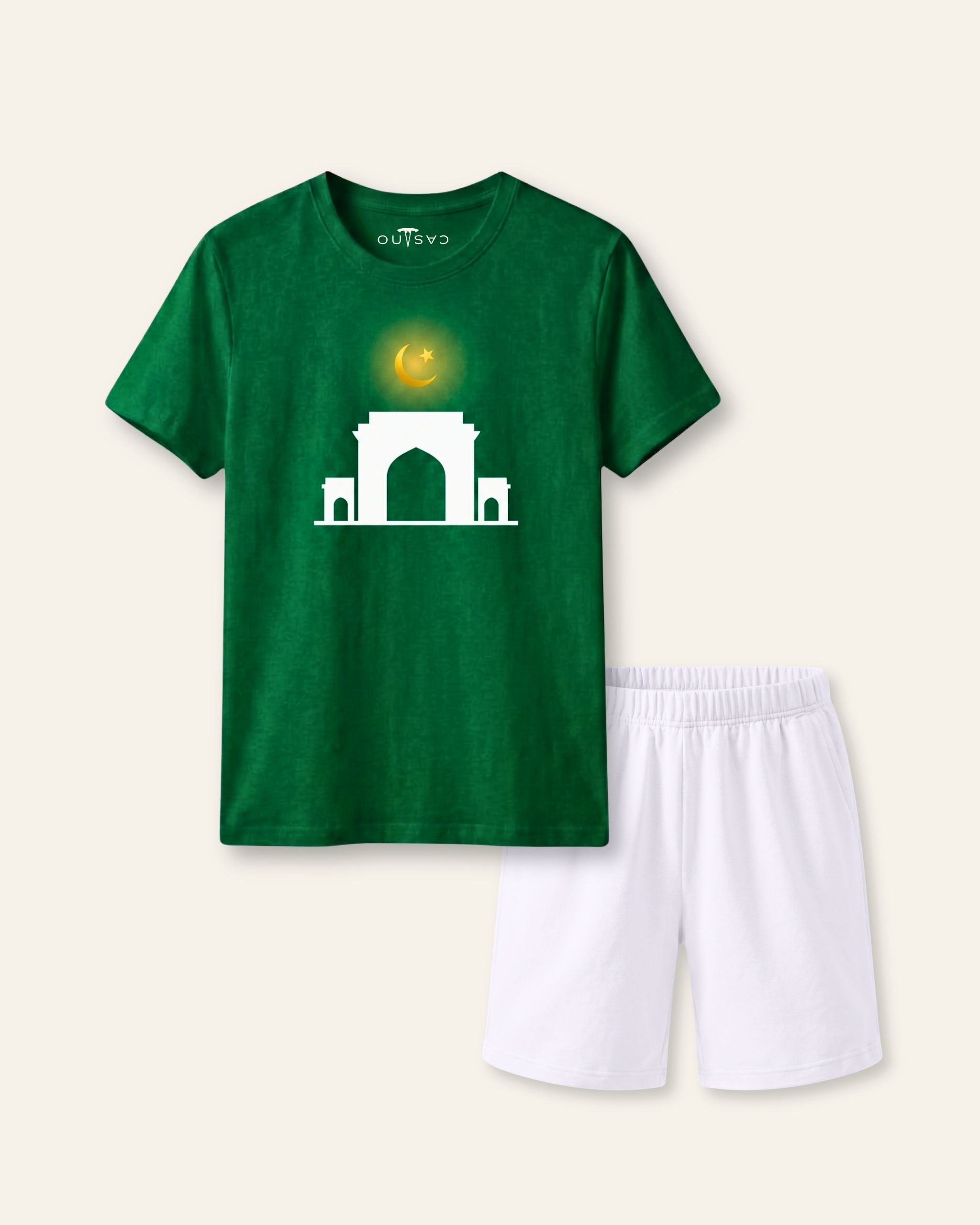 Kids green tee with a white gateway under a gold crescent and white shorts