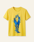 Yellow kids cotton tee with a blue watercolour statue silhouette print
