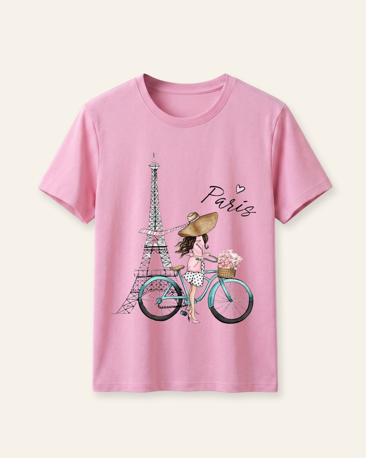 Pink kids cotton tee with a line-drawn Eiffel Tower and flower cart print