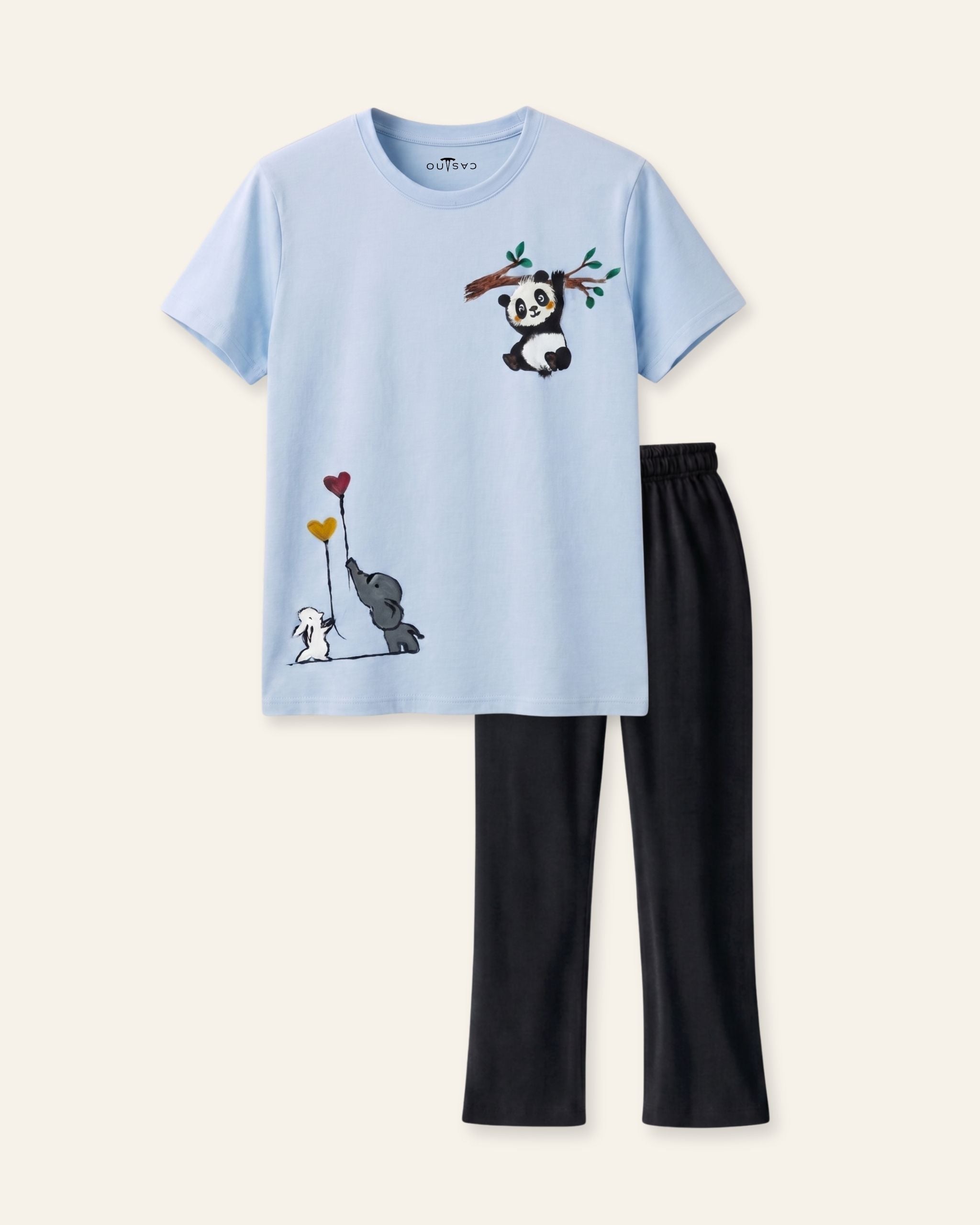 Girls Cow Print Trouser Set — Sky