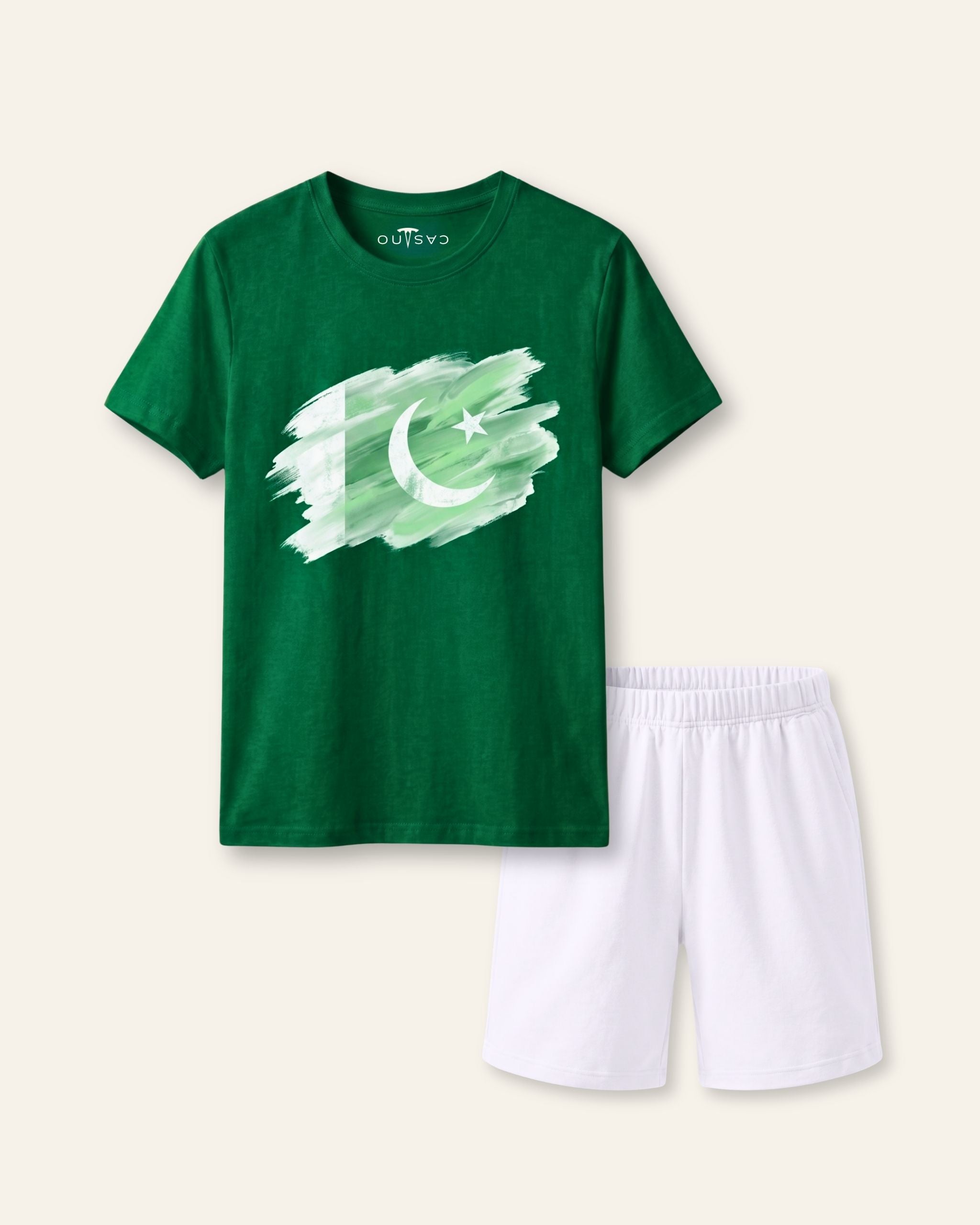 Kids green tee with a brushstroke flag print and white shorts