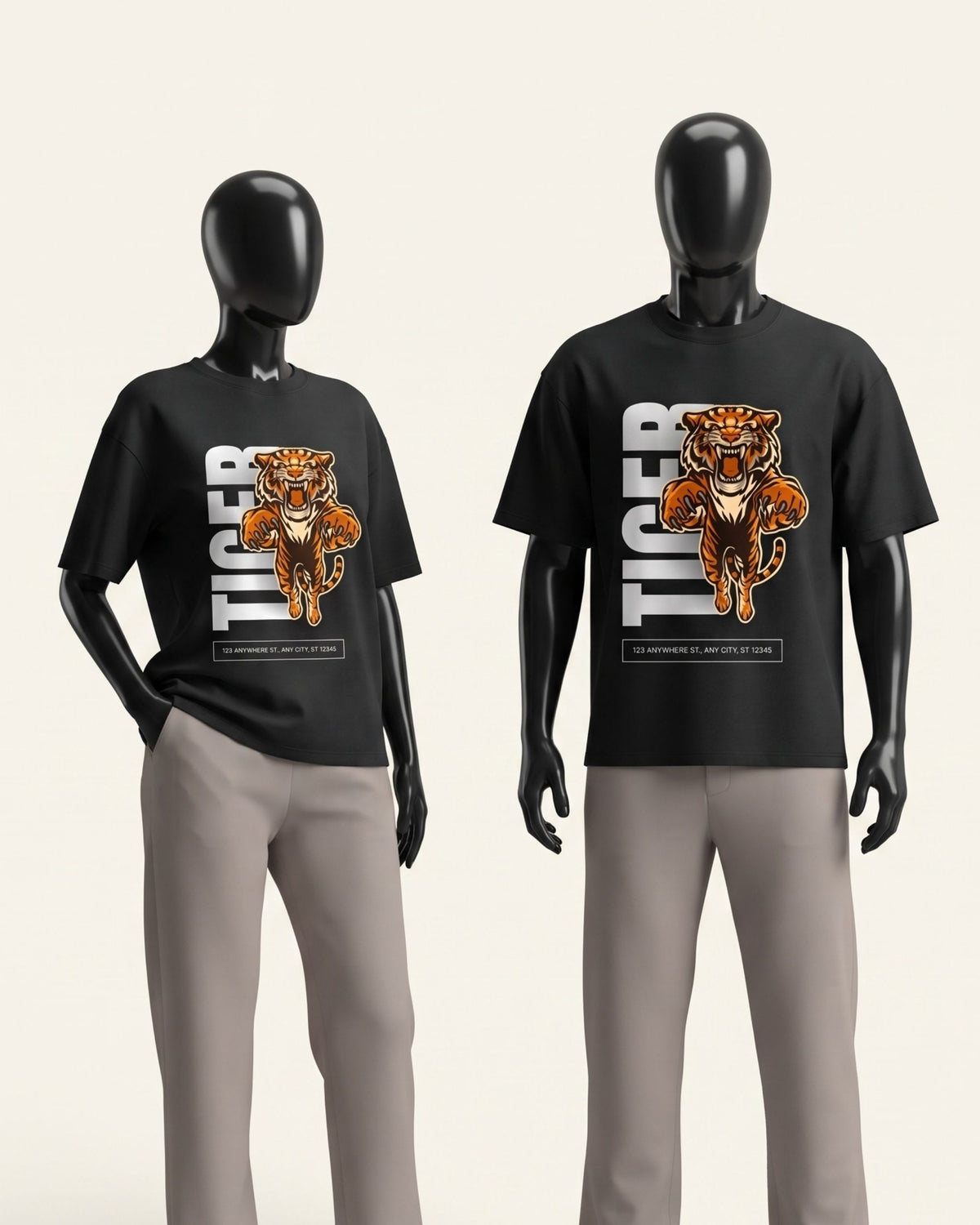 Two adults in matching black cotton tees with a snarling tiger and tall TIGER wordmark print
