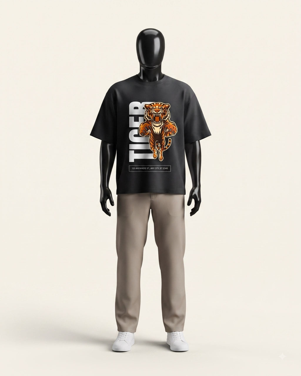 Man wearing a black cotton tee with a snarling tiger and tall TIGER wordmark print