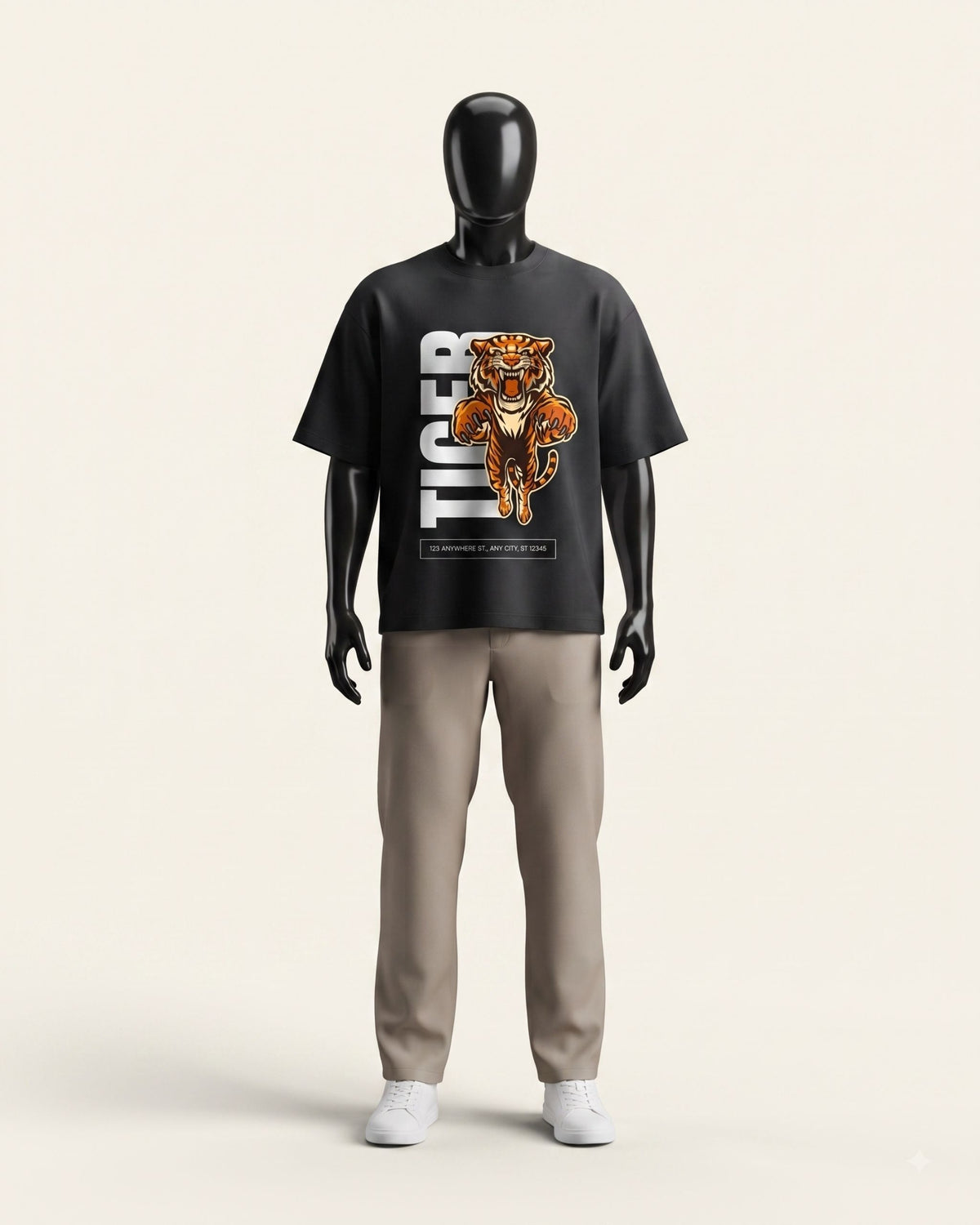 Man wearing a black cotton tee with a snarling tiger and tall TIGER wordmark print