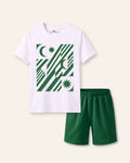 Kids white tee with a geometric green crescent and stripe print and green shorts