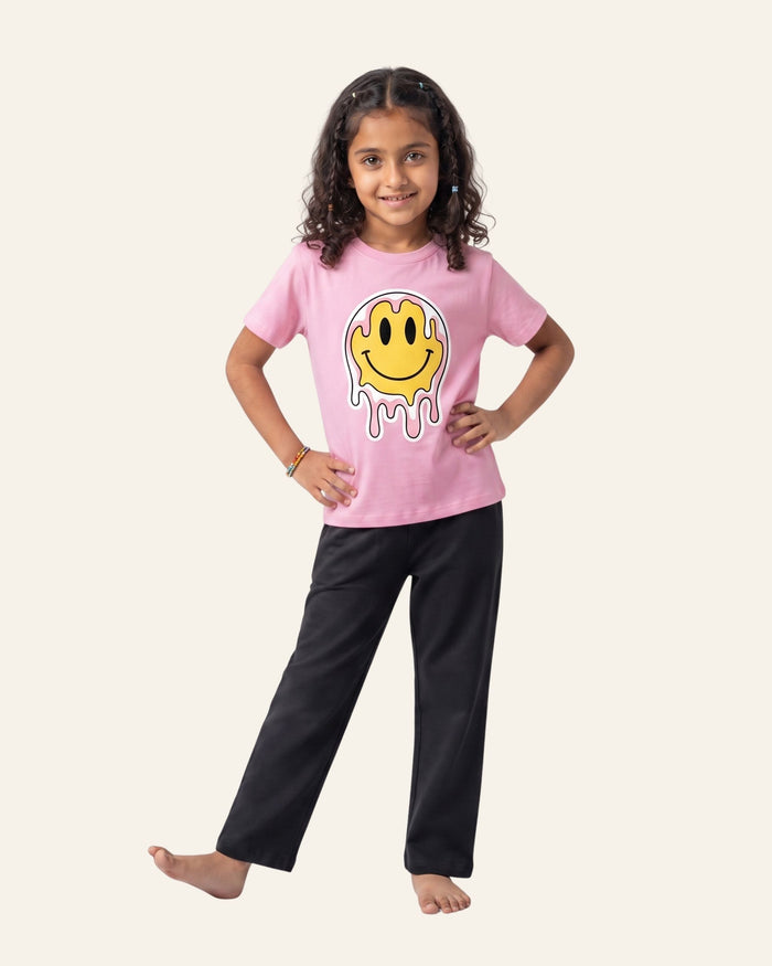 Girls Smiley Drip Trouser Set — Pink