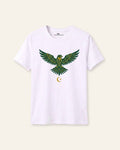 Kids white tee with a diving shaheen falcon print in green and gold