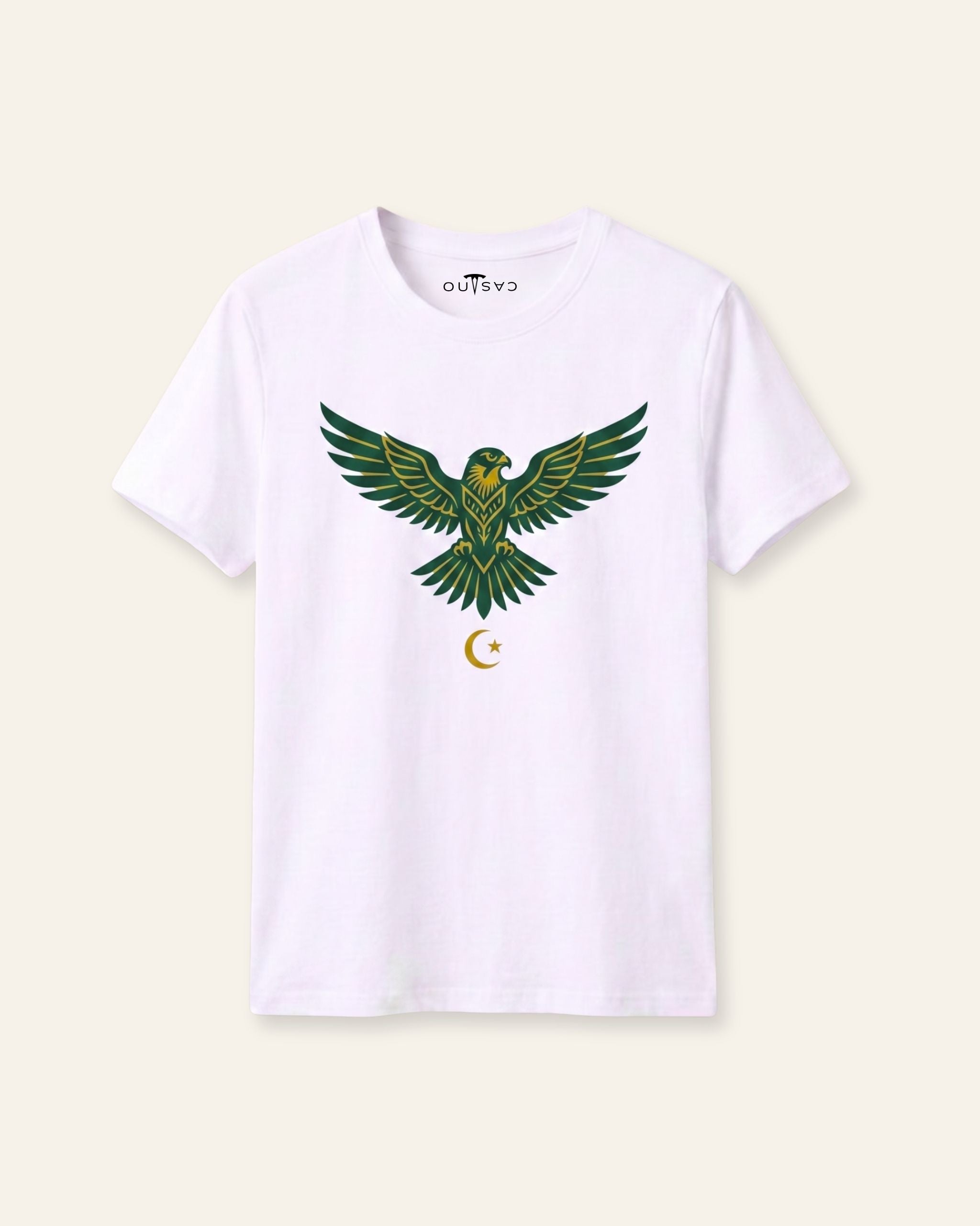 Kids white tee with a diving shaheen falcon print in green and gold