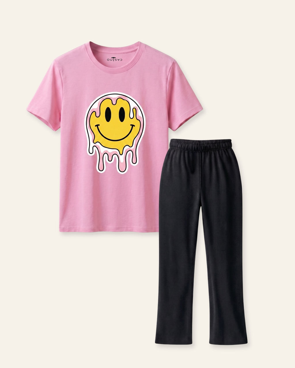 Girls Smiley Drip Trouser Set — Pink