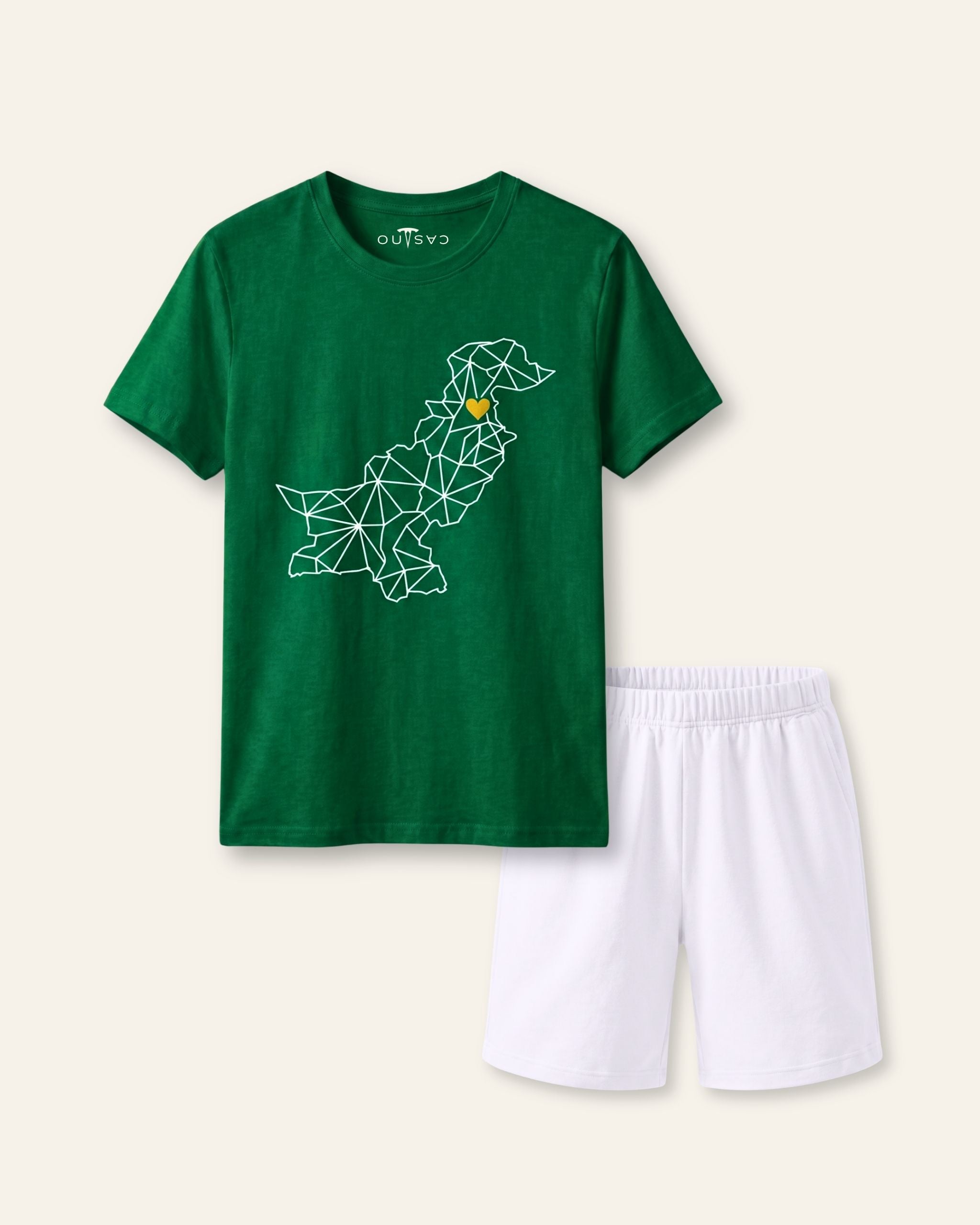 Kids green tee with a white Pakistan map print and white shorts