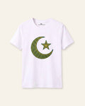 Kids white tee with a large green crescent and star print