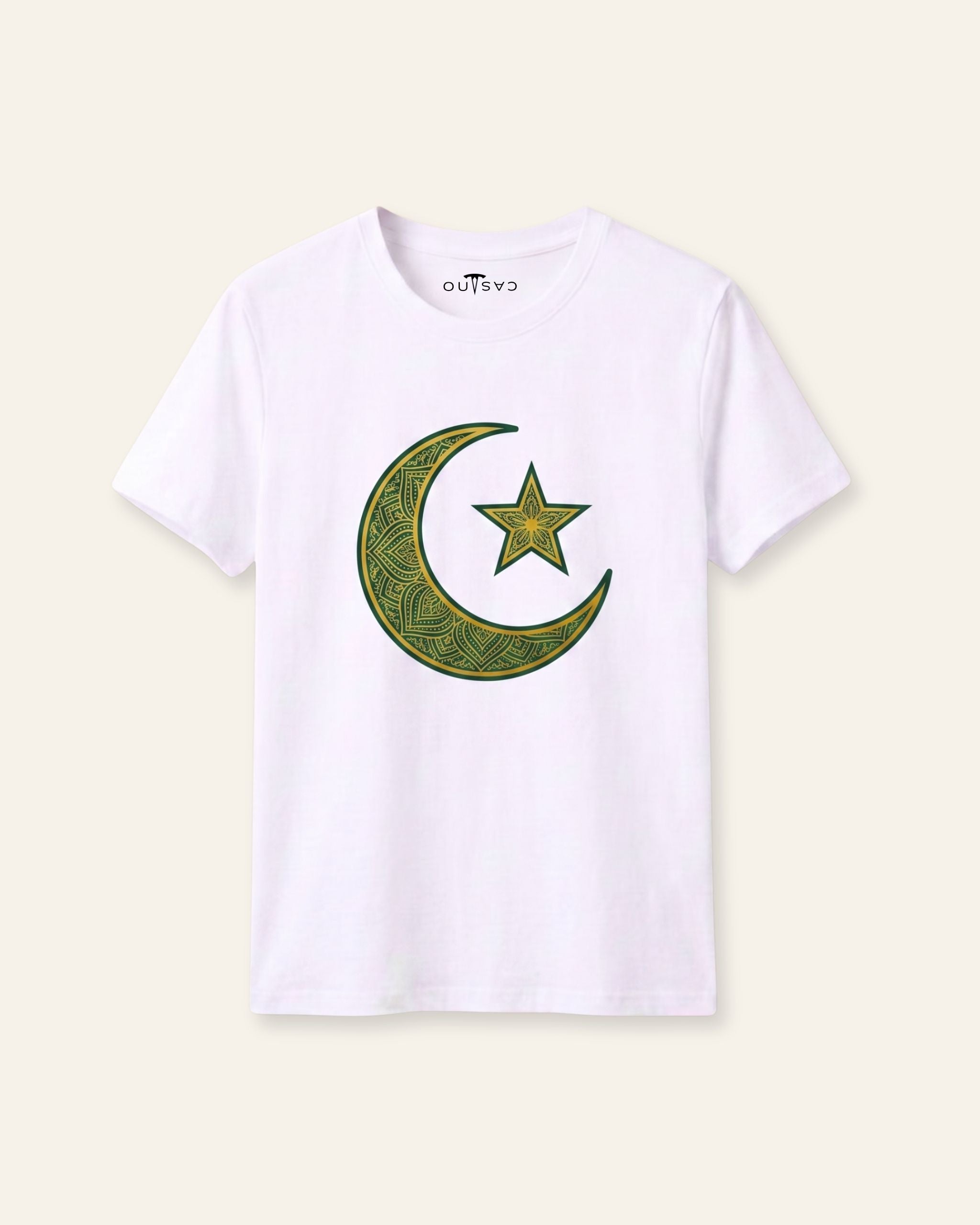 Kids white tee with a large green crescent and star print