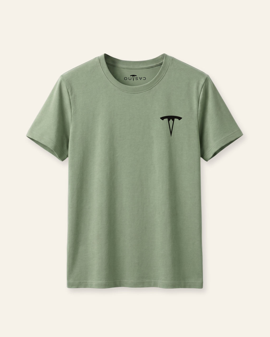 Kids sage basic tee with a black OUTCAST logo, flat front