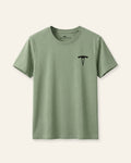 Kids sage basic tee with a black OUTCAST logo, flat front