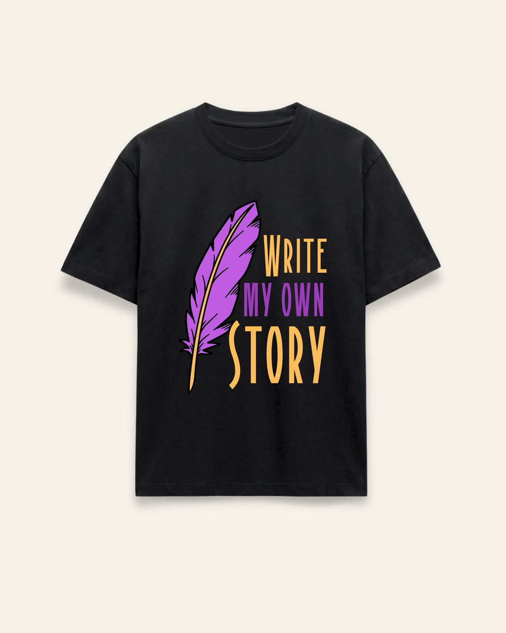 Front of the black cotton tee with a purple quill pen and hand-lettered WRITE MY OWN STORY
