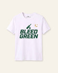 Kids white tee reading Bleed Green in block letters with a bat and crescent