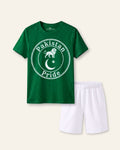 Kids green tee with a round markhor crest print and white shorts