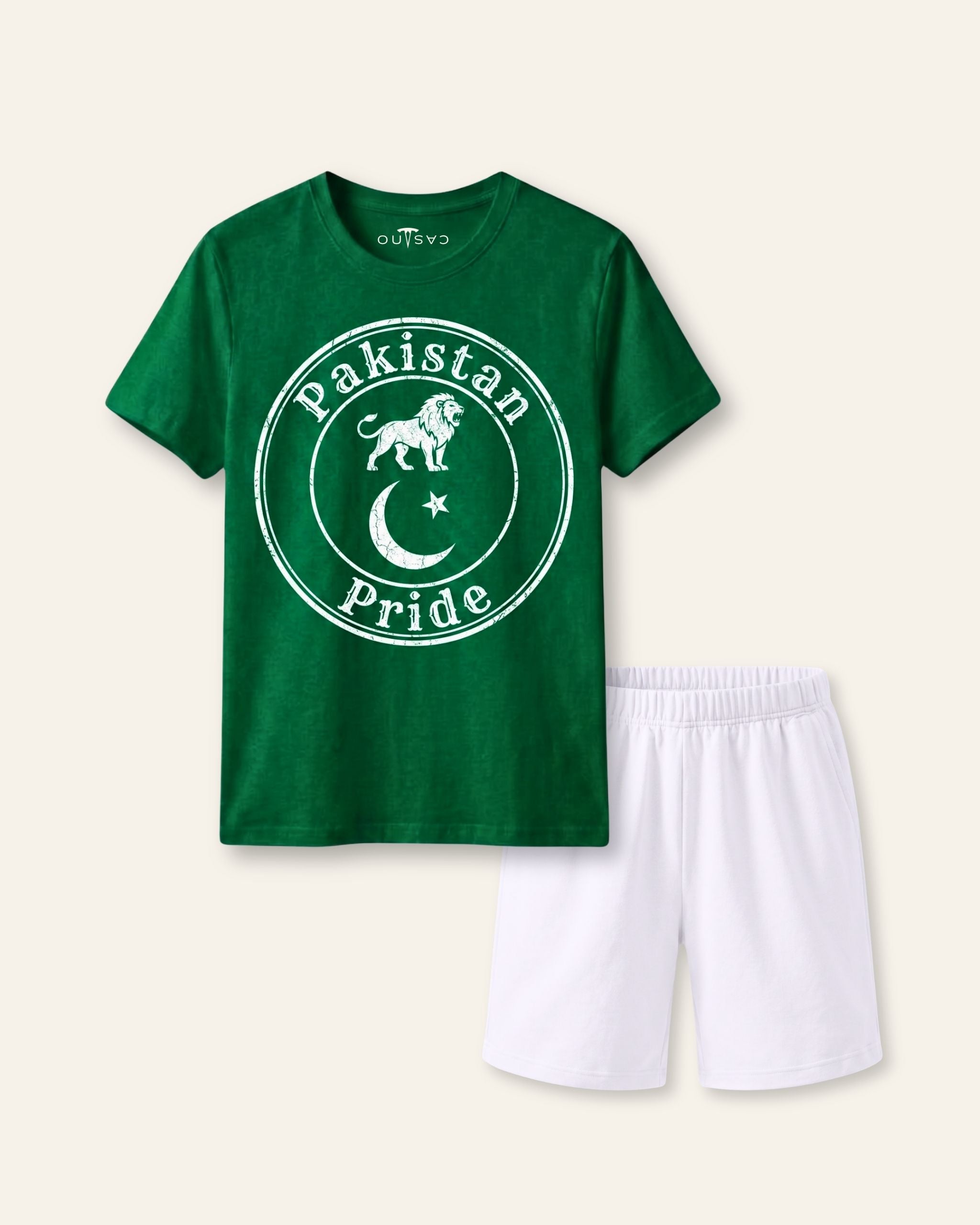 Kids green tee with a round markhor crest print and white shorts