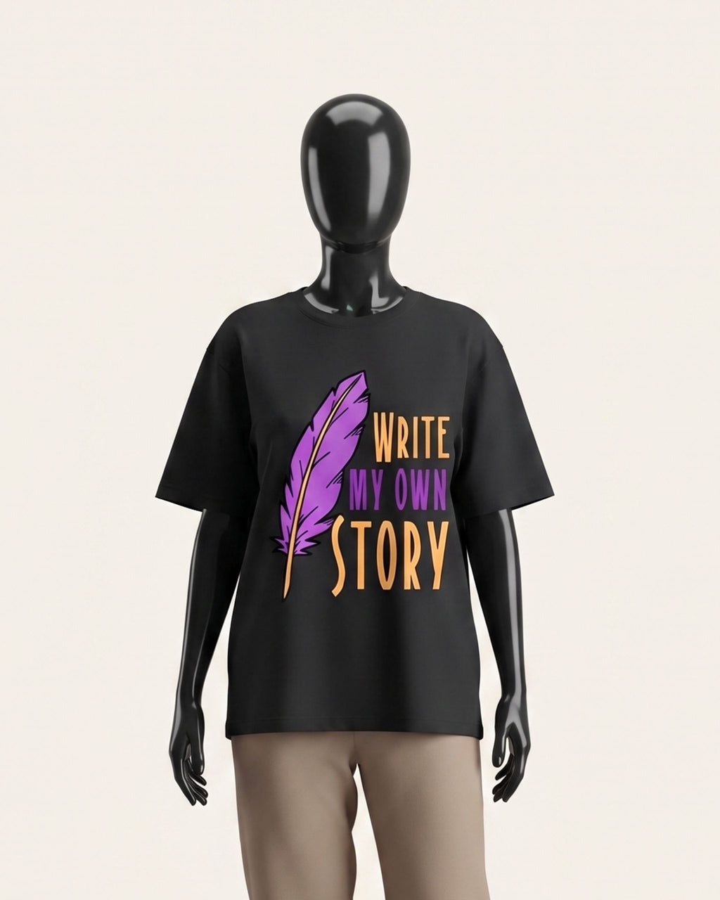 Woman wearing a black cotton tee with a purple quill and WRITE MY OWN STORY lettering