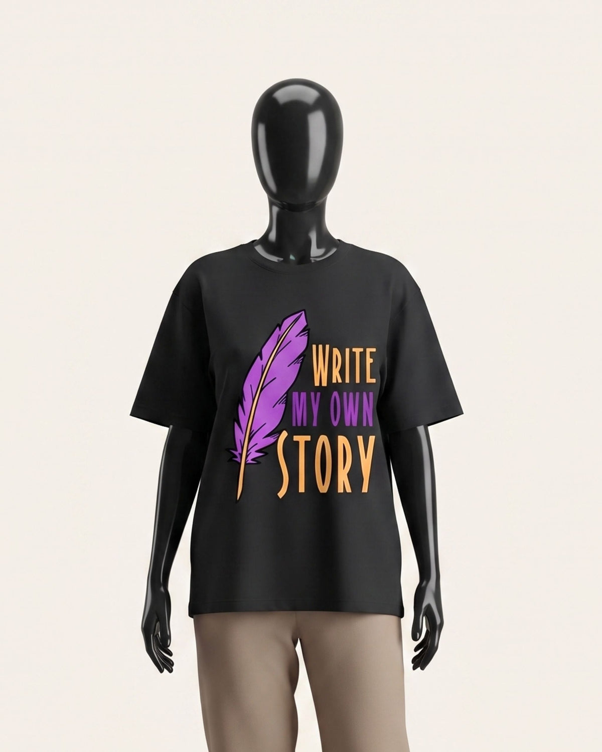Woman wearing a black cotton tee with a purple quill and WRITE MY OWN STORY lettering