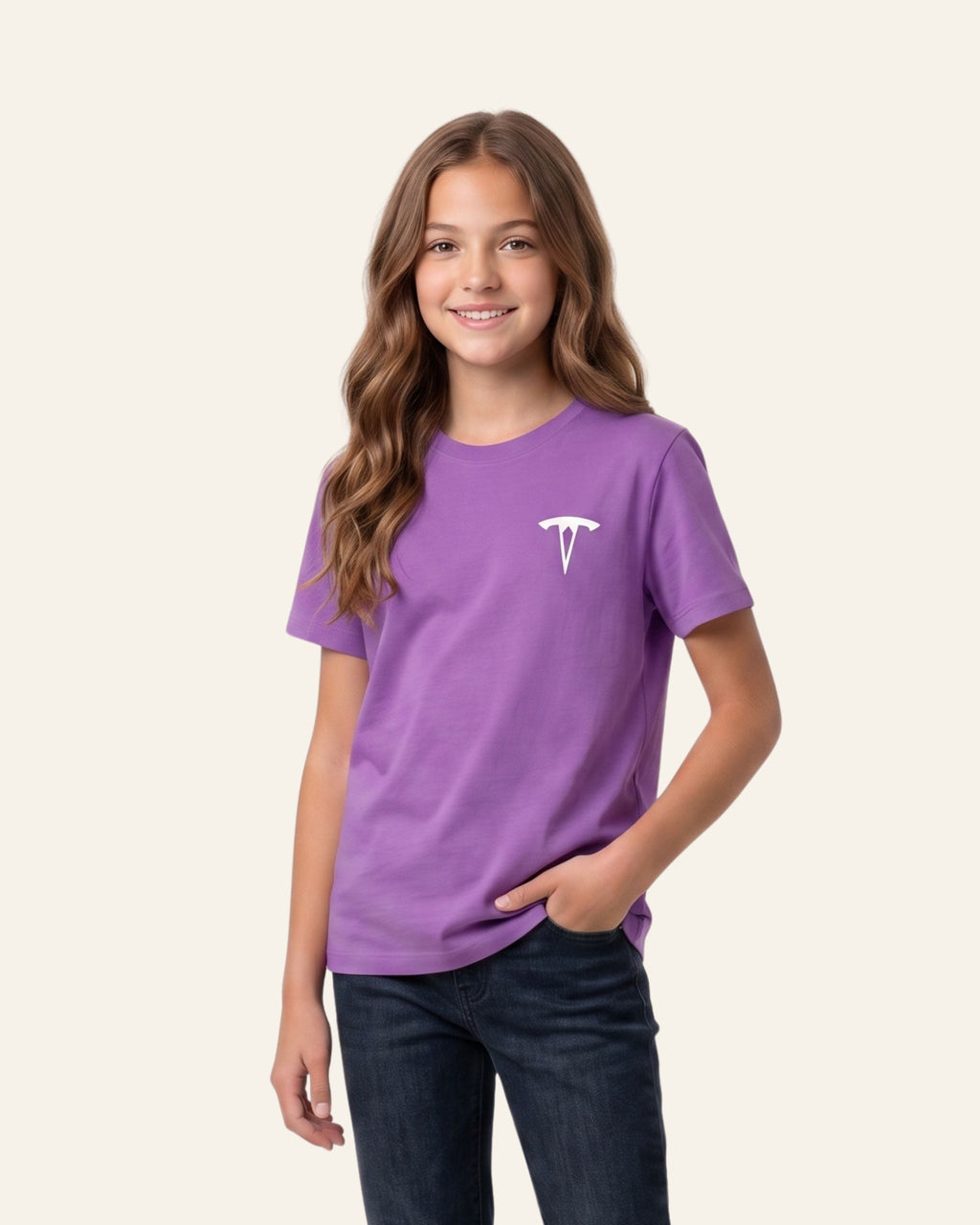 Girl wearing a purple OUTCAST basic tee
