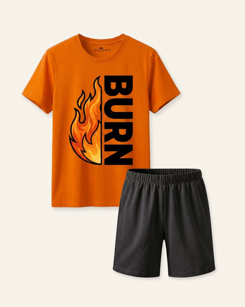 Boys orange short set with blazing flame graphic, ages 3-14