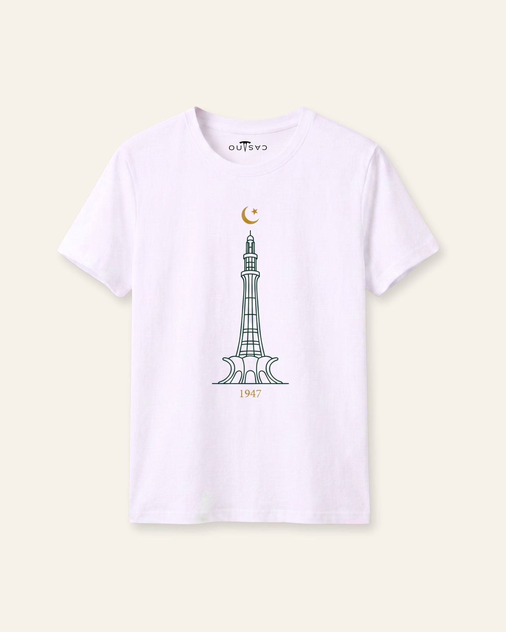Kids white tee with a fine line sketch of Minar-e-Pakistan