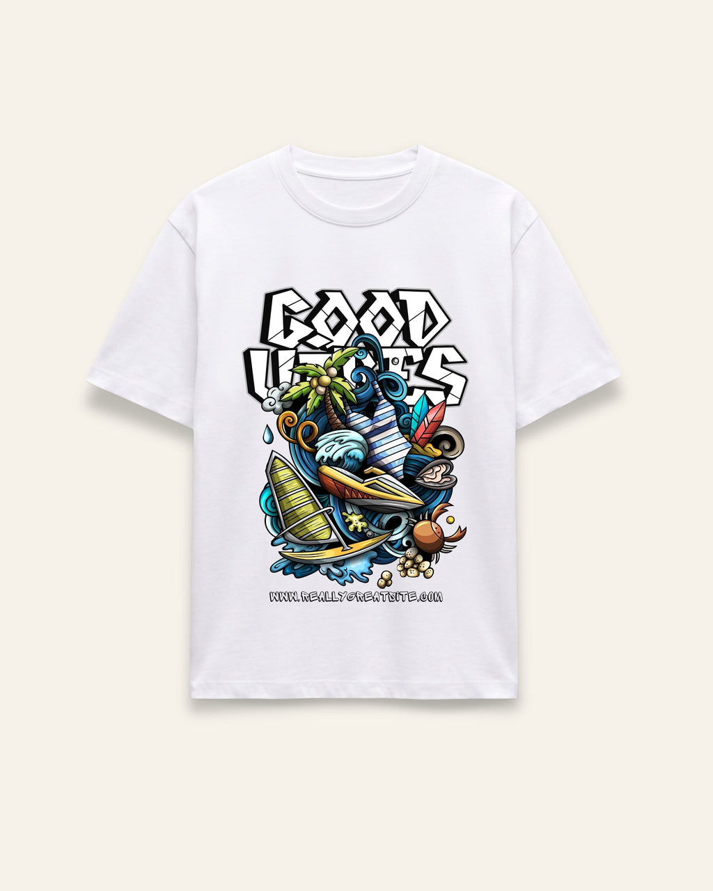 Front of the white cotton tee with a graffiti-style cartoon skater and stacked GOOD VIBES wordmark