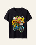 Black kids cotton tee with a bicycle carrying sunflowers and butterflies print