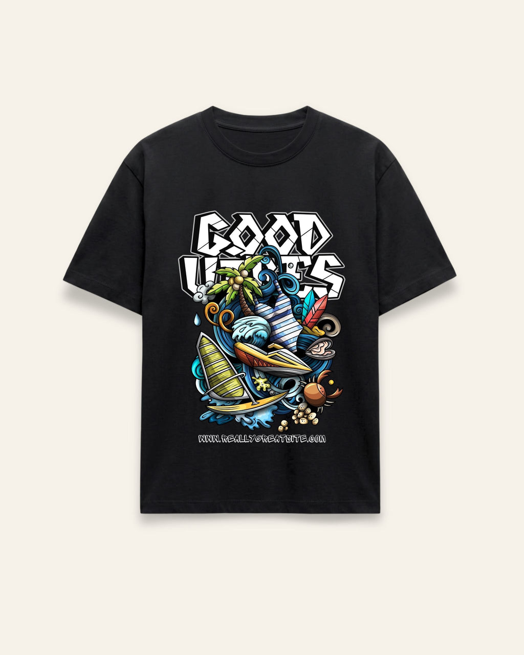 Front of the black cotton tee with a graffiti-style cartoon skater and stacked GOOD VIBES wordmark