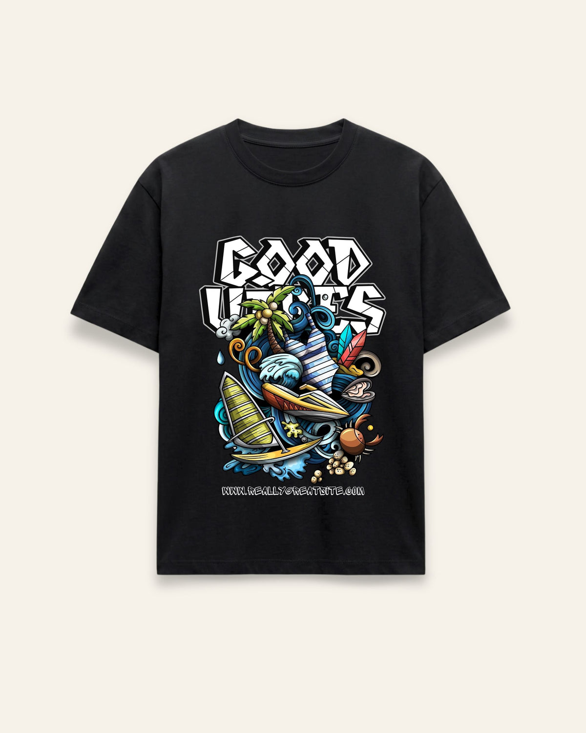 Front of the black cotton tee with a graffiti-style cartoon skater and stacked GOOD VIBES wordmark