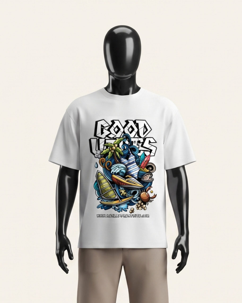 Man wearing a white cotton tee with a graffiti-style cartoon skater and GOOD VIBES wordmark