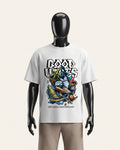 Man wearing a white cotton tee with a graffiti-style cartoon skater and GOOD VIBES wordmark